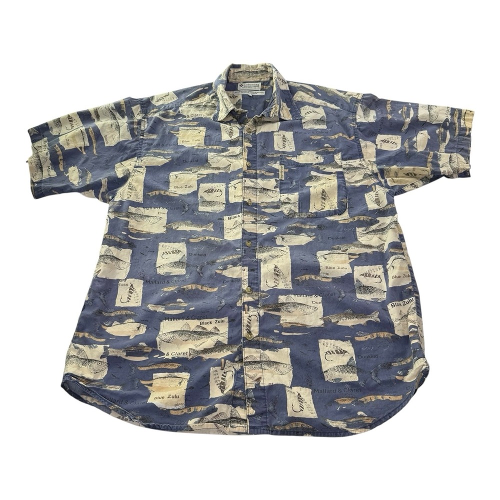 Columbia Fishing Shirt Mens Large Blue Fish Print Button Up Cotton Outdoor USA